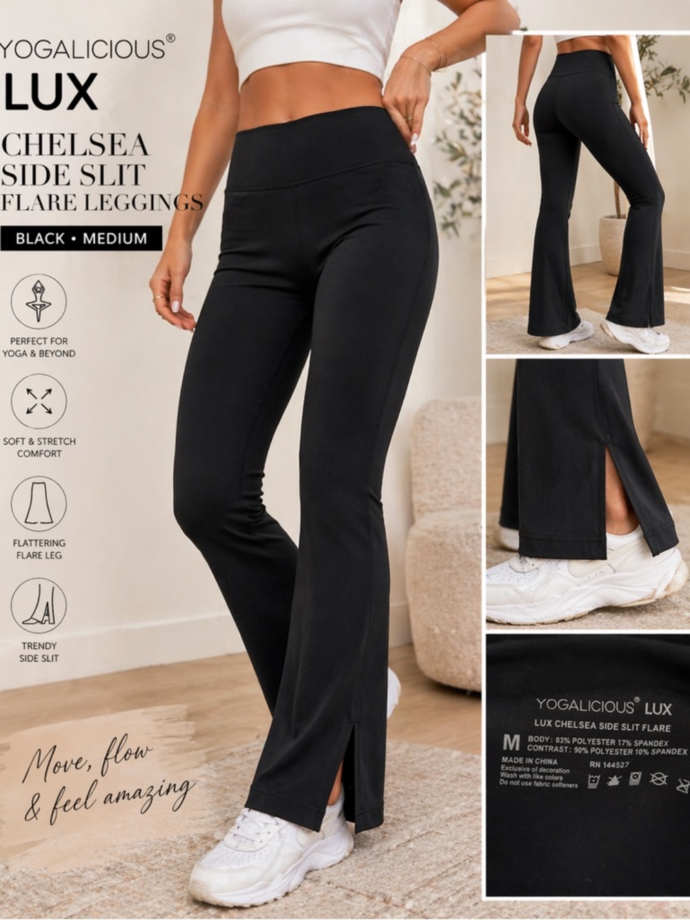 Yogalicious Lux Chelsea Side Slit Flare Leggings Black Medium